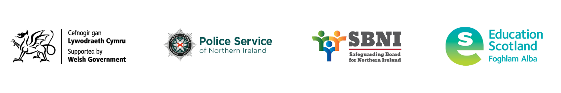 Partner logos showing support from Welsh Government, Police Service of Northern Ireland, Safeguarding Board for Northern Ireland, and Education Scotland.